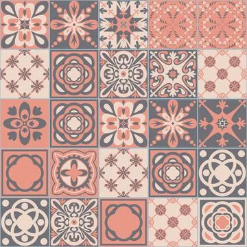 Pink gray pastel seamless pattern, portuguese talavera ornate decoration Stockillustratie