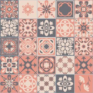 Pink gray pastel seamless pattern, portuguese talavera ornate decoration, vec Stockillustratie