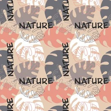 Pink gray pastel tropical pattern with palm leaves and text nature, seamless  Illustrazione stock