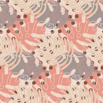 Pink gray pastel tropical pattern with palm leaves seamless pattern vector il Illustrazione stock