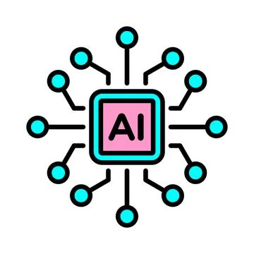 Pink Green Artificial Intelligence Microchip Vector Icon with Circuit Node .. Stock Illustration