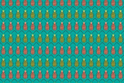 Pink green beetles pattern on green. Insects background Stock Illustration
