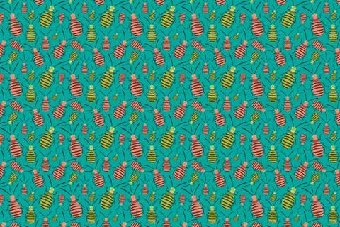 Pink green beetles pattern on green. Insects background Stock Illustration