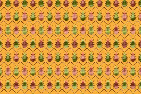 Pink green beetles pattern on yellow. Insects background Illustrazione stock