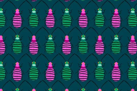 Pink green bug pattern on green. Insects background Stock Illustration
