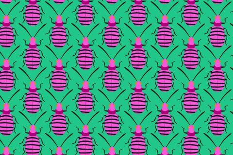 Pink green bug pattern on green. Insects background Stock Illustration