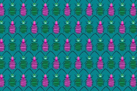 Pink green bug pattern on green. Insects background Illustrazione stock