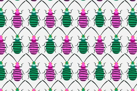 Pink green bug pattern on white. Insects background Stock Illustration