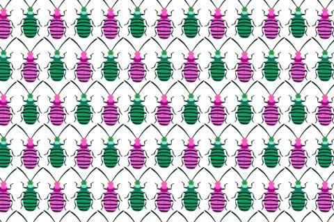 Pink green bug pattern on white. Insects background Stock Illustration