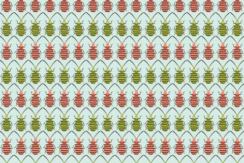 Pink green bug pattern on white. Insects background Stock Illustration