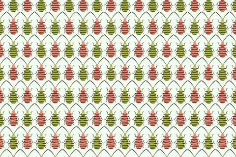 Pink green bug pattern on white. Insects background Stock Illustration