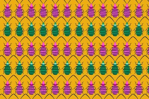 Pink green bug pattern on yellow. Insects background Stock Illustration