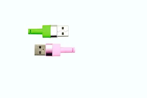 Pink green usb plug cables for connection on white Stock Illustration