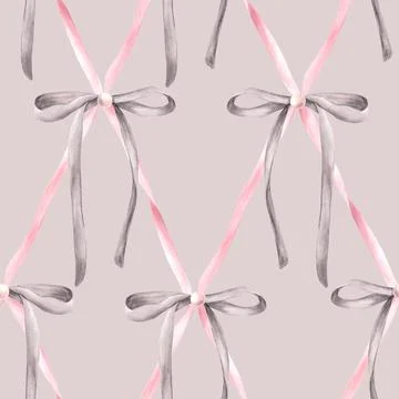 Pink grey bows seamless pattern Watercolor ribbon, Girl coquette diamond lattice Stock Illustration