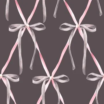 Pink grey bows seamless pattern Watercolor ribbon, Girl coquette diamond lattice Stock Illustration