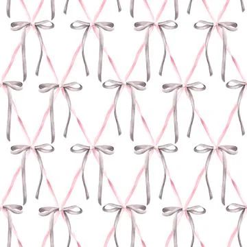 Pink grey bows seamless pattern Watercolor ribbon, Girl coquette diamond lattice Stock Illustration