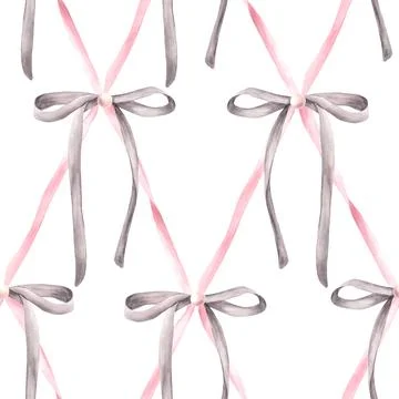 Pink grey bows seamless pattern Watercolor ribbon, Girl coquette diamond lattice Stock Illustration
