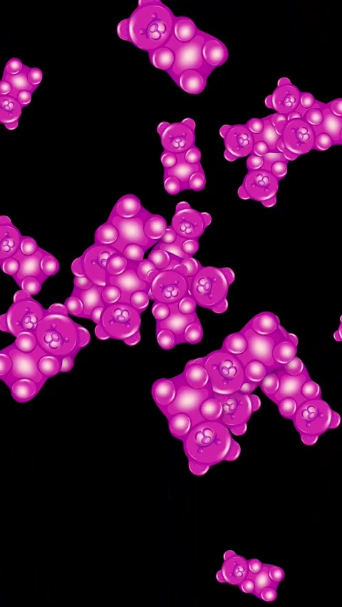 Pink Gummy Bears Falling and Bursting on Black Background Stock Footage 345208883