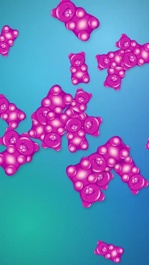 Pink Gummy Bears Falling Over Blue and Green Gradient Background Stock Footage 344622602