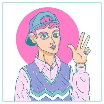 Pink Haired Boy Wearing Hat Posing peace Stock Illustration