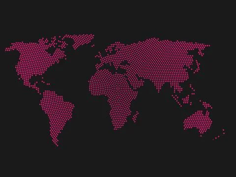 Pink halftone world map of small dots in radial arrangement. Simple flat vector Stock Illustration