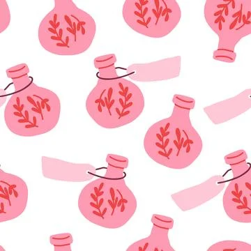 Pink Halloween pattern on white. Bottles with potion, magic drink. Valentines Illustrazione stock