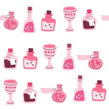 Pink Halloween pattern on white. Bottles with potion, magic drink. Valentines Stock Illustration