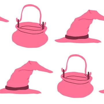 Pink Halloween pattern on white. Witch cauldron, witch hat. Wizard pattern Stock Illustration