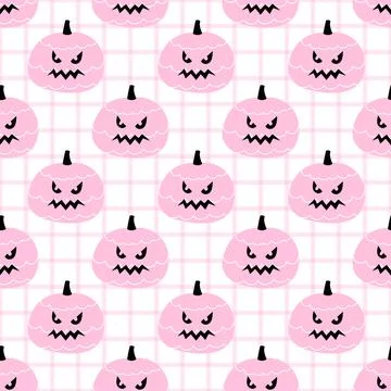 Pink Halloween Pumpkin Seamless Pattern, Cute Spooky Kawaii Jack O Lantern Illustrazione stock