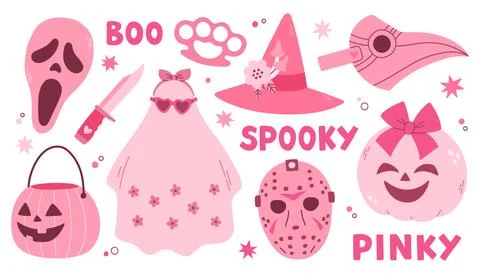 Pink Halloween vector set with ghost, skull, masks, pumpkin, stars. Pink print Stock Illustration