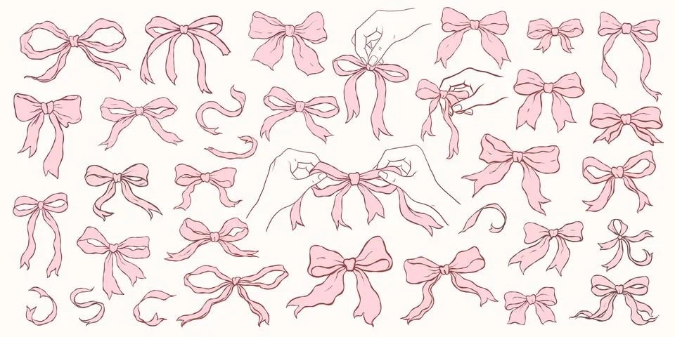 Pink hand drawn bows in various shapes and styles Illustrazione stock