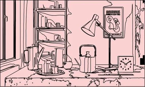 Pink Hand Drawn Interior Design Room With Industrial Elements Stock Illustration