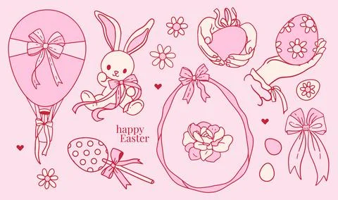Pink Happy Easter set with cute rabbits, eggs, balloon, sweets decorated with Illustrazione stock