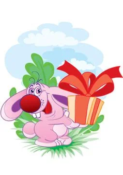 Pink hare with a big red nose holds in its paws a box with a gift, vector ill Stock Illustration