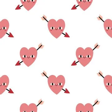 Pink heart with arrow pattern on white. Vector seamless pattern with hearts Illustrazione stock