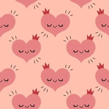 Pink heart with crown pattern on pink. Vector seamless pattern with hearts Stock Illustration