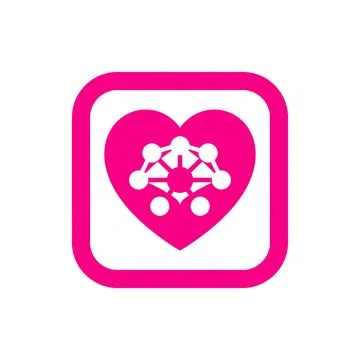 Pink heart icon with molecular structure symbol inside rounded square frame.. Stock Illustration