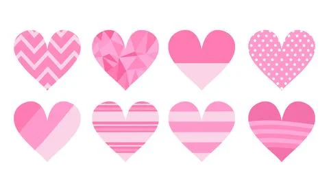 Pink heart icon set with various patterns. Dots, stripes and low poly 스톡 일러스트