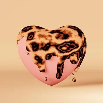 Pink heart Leopard paint splash melting glaze 3d rendering beige background.  Stock Illustration