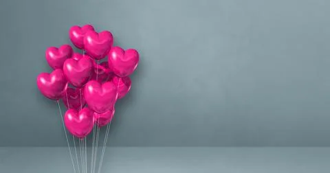 Pink heart shape balloons bunch on a grey wall background. Horizontal banner. Stock Illustration