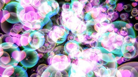 Pink hearts aqua bubbles with dancing hearts floating on black screen Stock Illustration