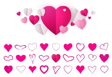 Pink hearts big set. 8 march day icons. Heart signs isolated on transparent Stock Illustration