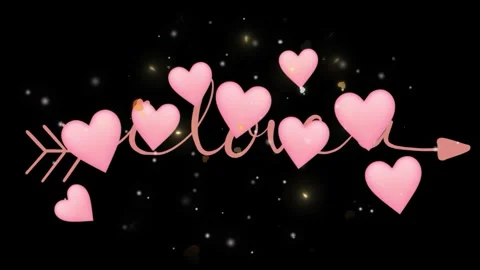 Pink Hearts Cupid Arrow with Cursive Love Text on Black Background 库存影片 340047576