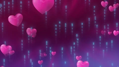 Pink hearts floating down past falling blue digital numbers with hearts Stock Footage 342119856