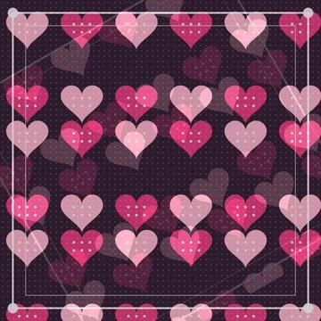Pink hearts pattern with dotted outlines on dark purple background Stock Illustration