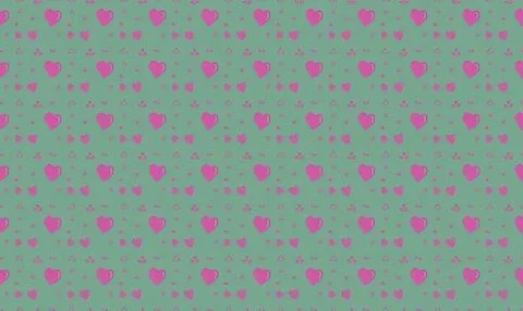 Pink hearts pattern on green background, seamless design Stock Illustration