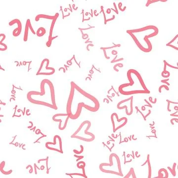 Pink hearts vector seamless pattern with hand painted words love. Valentines day Illustrazione stock