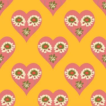 Pink hearts with white flowers vector seamless repeat pattern on a mustard ye Stock Illustration