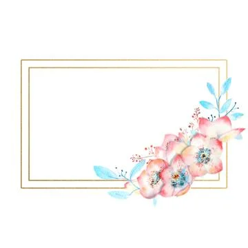 Pink hellebore flowers in rectangular Golden shape on white isolated background Stock Illustration