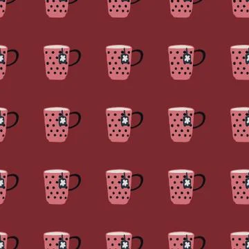 Pink herbal tea cups with dot ornament seamless pattern. Maroon background. H Stock Illustration